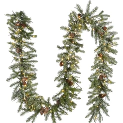 Outlet National Tree Company Pre-Lit Artificial Christmas Garland, Green, Morgan Spruce, White Lights, Decorated With Pine Cones, Snowy Branches, Plug In, Christmas Collection, 9 Feet