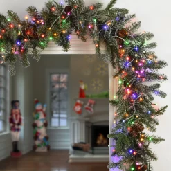 Outlet National Tree Company Pre-Lit Artificial Christmas Garland, Green, Morgan Spruce, White Lights, Decorated With Pine Cones, Snowy Branches, Plug In, Christmas Collection, 9 Feet