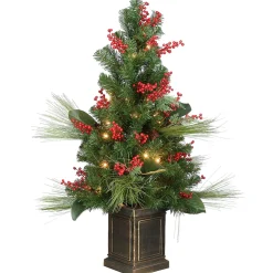 Hot National Tree Company Pre-Lit Artificial Christmas Tree, Ornament, Green, White Lights, Decorated With Berry Clusters, Includes Pot Base, 4 Feet