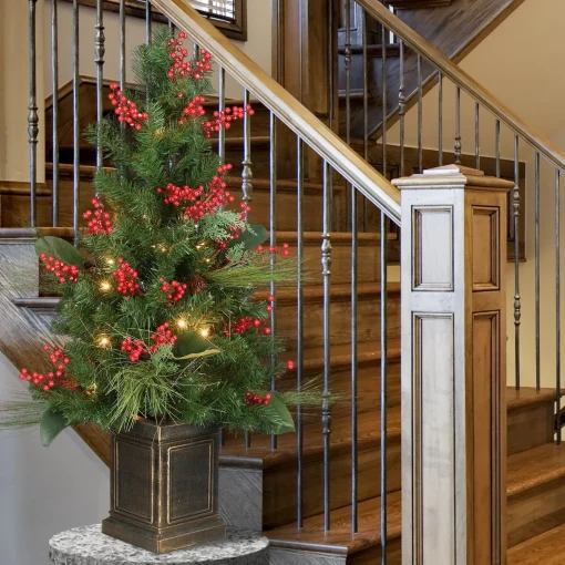 Hot National Tree Company Pre-Lit Artificial Christmas Tree, Ornament, Green, White Lights, Decorated With Berry Clusters, Includes Pot Base, 4 Feet