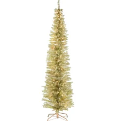 Pre-Lit Artificial Christmas Tree, Champagne Gold Tinsel, White Lights, Includes Stand, 7 Feet^National Tree Company Online