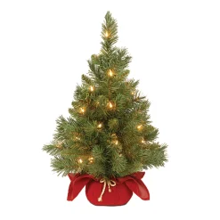New National Tree Company Pre-Lit Artificial Christmas Tree, Majestic Fir, Green, White Lights, Includes Red Cloth Base, 2 Feet
