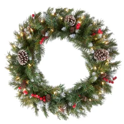 Hot National Tree Company Pre-Lit Artificial Christmas Wreath, Green, Frosted Berry, White Lights, Decorated With Pine Cones, Berry Clusters, Frosted Branches, Christmas Collection, 24 Inches