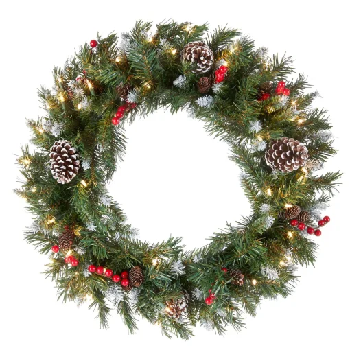 Hot National Tree Company Pre-Lit Artificial Christmas Wreath, Green, Frosted Berry, White Lights, Decorated With Pine Cones, Berry Clusters, Frosted Branches, Christmas Collection, 24 Inches