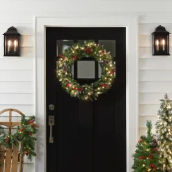 Hot National Tree Company Pre-Lit Artificial Christmas Wreath, Green, Frosted Berry, White Lights, Decorated With Pine Cones, Berry Clusters, Frosted Branches, Christmas Collection, 24 Inches