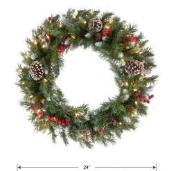 Hot National Tree Company Pre-Lit Artificial Christmas Wreath, Green, Frosted Berry, White Lights, Decorated With Pine Cones, Berry Clusters, Frosted Branches, Christmas Collection, 24 Inches