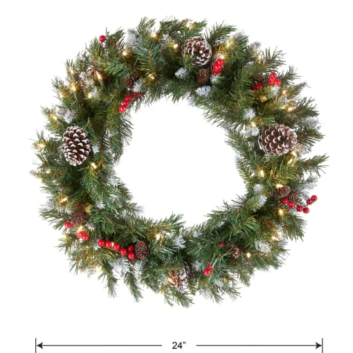 Hot National Tree Company Pre-Lit Artificial Christmas Wreath, Green, Frosted Berry, White Lights, Decorated With Pine Cones, Berry Clusters, Frosted Branches, Christmas Collection, 24 Inches