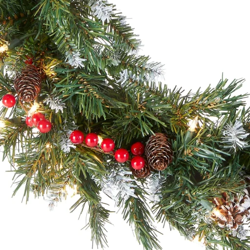 Hot National Tree Company Pre-Lit Artificial Christmas Wreath, Green, Frosted Berry, White Lights, Decorated With Pine Cones, Berry Clusters, Frosted Branches, Christmas Collection, 24 Inches