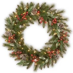 Outlet National Tree Company Pre-Lit Artificial Christmas Wreath, Green, Frosted Pine, White Lights, Decorated With Pine Cones, Berry Clusters, Frosted Branches, Christmas Collection, 30 Inches