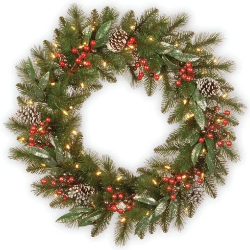 Outlet National Tree Company Pre-Lit Artificial Christmas Wreath, Green, Frosted Pine, White Lights, Decorated With Pine Cones, Berry Clusters, Frosted Branches, Christmas Collection, 30 Inches