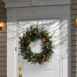 Outlet National Tree Company Pre-Lit Artificial Christmas Wreath, Green, Frosted Pine, White Lights, Decorated With Pine Cones, Berry Clusters, Frosted Branches, Christmas Collection, 30 Inches