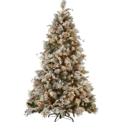 Fashion National Tree Company Pre-Lit Artificial Christmas Tree, Snowy Bedford Pine, Decorated With Frosted Branches, Pine Cones, Green, White Lights, Includes Stand, 7.5 Feet