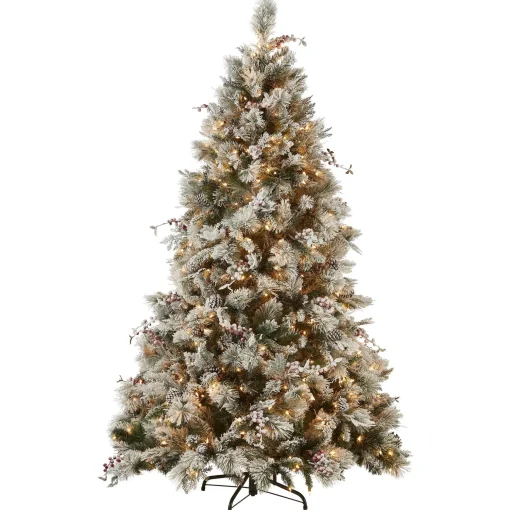 Fashion National Tree Company Pre-Lit Artificial Christmas Tree, Snowy Bedford Pine, Decorated With Frosted Branches, Pine Cones, Green, White Lights, Includes Stand, 7.5 Feet