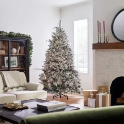 Fashion National Tree Company Pre-Lit Artificial Christmas Tree, Snowy Bedford Pine, Decorated With Frosted Branches, Pine Cones, Green, White Lights, Includes Stand, 7.5 Feet