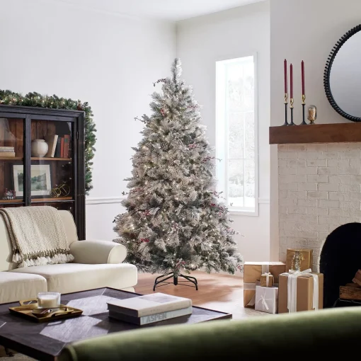 Fashion National Tree Company Pre-Lit Artificial Christmas Tree, Snowy Bedford Pine, Decorated With Frosted Branches, Pine Cones, Green, White Lights, Includes Stand, 7.5 Feet