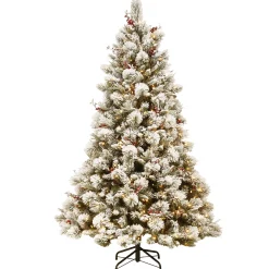 Fashion National Tree Company Pre-Lit Artificial Christmas Tree, Snowy Bedford Pine, Decorated With Frosted Branches, Pine Cones, Green, White Lights, Includes Stand, 7.5 Feet