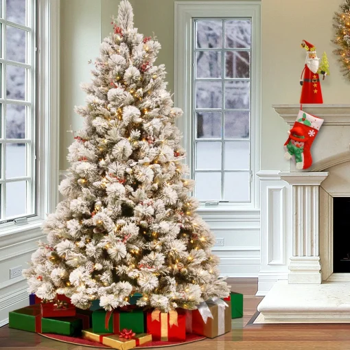 Fashion National Tree Company Pre-Lit Artificial Christmas Tree, Snowy Bedford Pine, Decorated With Frosted Branches, Pine Cones, Green, White Lights, Includes Stand, 7.5 Feet