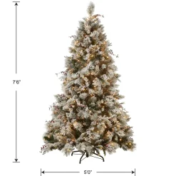 Fashion National Tree Company Pre-Lit Artificial Christmas Tree, Snowy Bedford Pine, Decorated With Frosted Branches, Pine Cones, Green, White Lights, Includes Stand, 7.5 Feet