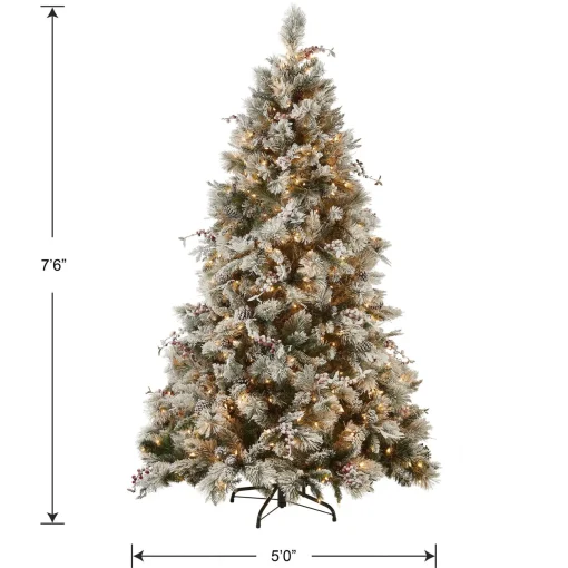 Fashion National Tree Company Pre-Lit Artificial Christmas Tree, Snowy Bedford Pine, Decorated With Frosted Branches, Pine Cones, Green, White Lights, Includes Stand, 7.5 Feet