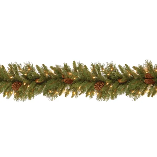 Online National Tree Company Pre-Lit Artificial Christmas Garland, Green, Evergreen, White Lights, Decorated With Pine Cones, Plug In, Christmas Collection, 9 Feet
