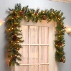 Online National Tree Company Pre-Lit Artificial Christmas Garland, Green, Evergreen, White Lights, Decorated With Pine Cones, Plug In, Christmas Collection, 9 Feet