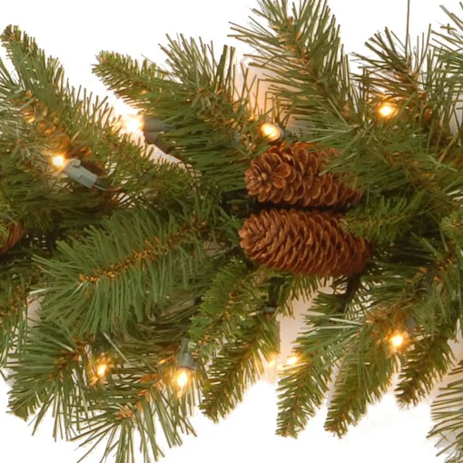 Online National Tree Company Pre-Lit Artificial Christmas Garland, Green, Evergreen, White Lights, Decorated With Pine Cones, Plug In, Christmas Collection, 9 Feet