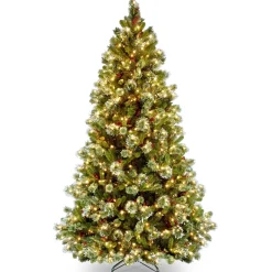 Discount National Tree Company Pre-Lit Artificial Christmas Tree, Wintry Pine, Green, White Lights, Decorated With Pine Cones, Berry Clusters, Includes Stand, 7.5 Feet
