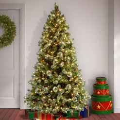 Discount National Tree Company Pre-Lit Artificial Christmas Tree, Wintry Pine, Green, White Lights, Decorated With Pine Cones, Berry Clusters, Includes Stand, 7.5 Feet