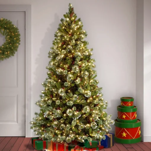 Discount National Tree Company Pre-Lit Artificial Christmas Tree, Wintry Pine, Green, White Lights, Decorated With Pine Cones, Berry Clusters, Includes Stand, 7.5 Feet