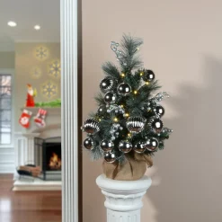 Discount National Tree Company Pre-Lit Artificial Christmas Tree, Green, Frosted Silver Pine, White Led Lights, Decorated With Berry Clusters, Ball Ornaments, Includes Cloth Bag Base, Battery Operated, 24 Inches