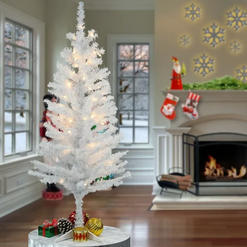 Pre-Lit Artificial Christmas Tree, White Tinsel, White Lights, Includes Stand, 4 Feet^National Tree Company Cheap