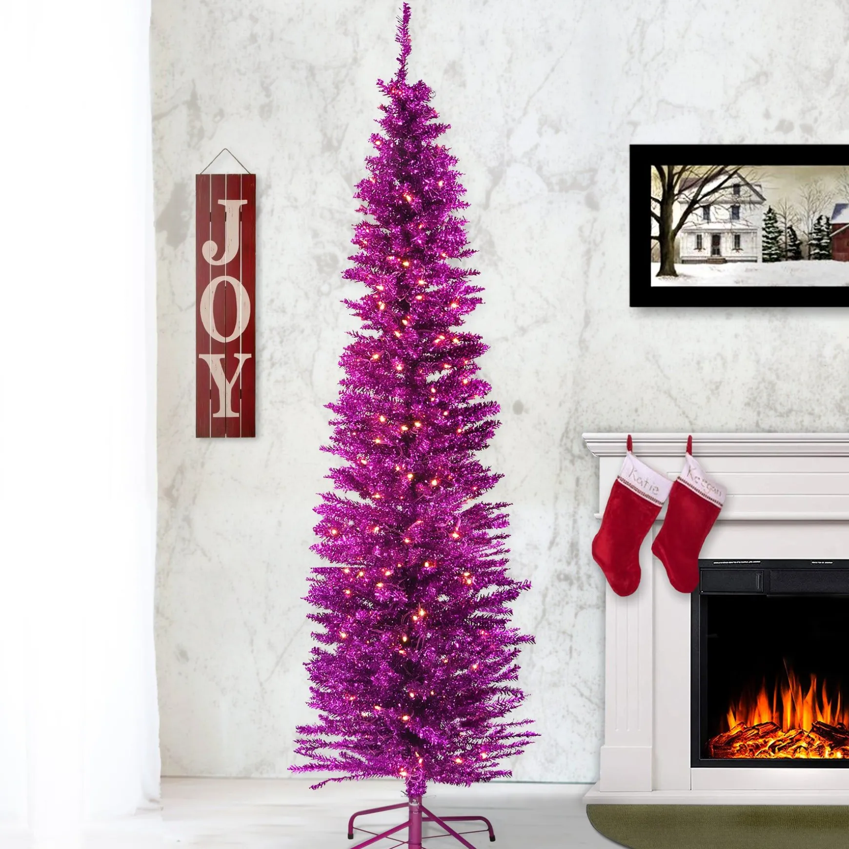 Clearance National Tree Company Pre-Lit Artificial Christmas Tree, Pink Tinsel, White Lights, Includes Stand, 6 Feet