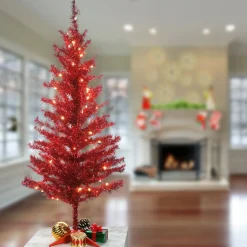 Fashion National Tree Company Pre-Lit Artificial Christmas Tree, Red Tinsel, White Lights, Includes Stand, 4 Feet
