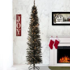 Store National Tree Company Pre-Lit Artificial Christmas Tree, Black Tinsel, White Lights, Includes Stand, 7 Feet