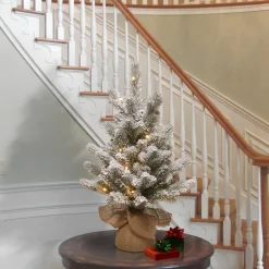 Clearance National Tree Company Pre-Lit Artificial Christmas Tree, Green, Snowy Sheffield Spruce, White Led Lights, Includes Cloth Bag Base, Battery Operated, 24 Inches