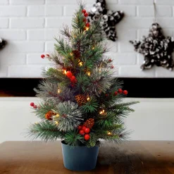 Shop National Tree Company Pre-Lit Artificial Christmas Tree, Green, Colonial Fir, White Led Lights, Decorated With Berry Clusters, Pine Cones, Includes Pot Base, Battery Operated, 2 Feet