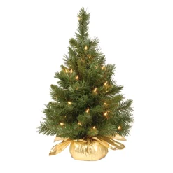 Fashion National Tree Company Pre-Lit Artificial Christmas Tree, Majestic Fir, Green, White Lights, Includes Gold Cloth Base, 2 Feet