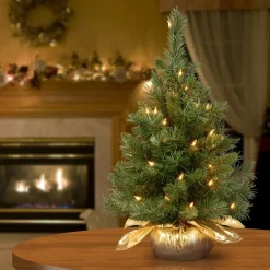 Fashion National Tree Company Pre-Lit Artificial Christmas Tree, Majestic Fir, Green, White Lights, Includes Gold Cloth Base, 2 Feet