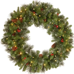 Hot National Tree Company Pre-Lit Artificial Christmas Wreath, Green, Carolina Pine, White Lights, Decorated With Pine Cones, Berry Clusters, Frosted Branches, Christmas Collection, 30 Inches