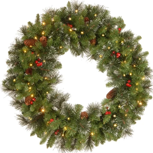 Hot National Tree Company Pre-Lit Artificial Christmas Wreath, Green, Carolina Pine, White Lights, Decorated With Pine Cones, Berry Clusters, Frosted Branches, Christmas Collection, 30 Inches
