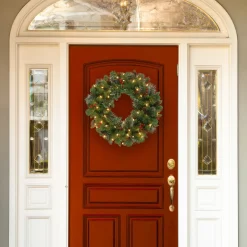 Hot National Tree Company Pre-Lit Artificial Christmas Wreath, Green, Carolina Pine, White Lights, Decorated With Pine Cones, Berry Clusters, Frosted Branches, Christmas Collection, 30 Inches