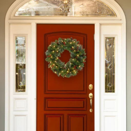 Hot National Tree Company Pre-Lit Artificial Christmas Wreath, Green, Carolina Pine, White Lights, Decorated With Pine Cones, Berry Clusters, Frosted Branches, Christmas Collection, 30 Inches