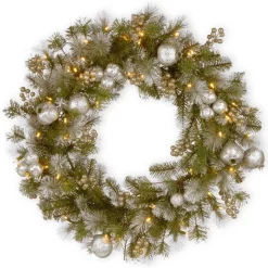 Flash Sale National Tree Company Pre-Lit Artificial Christmas Wreath, Green, Glittery Pomegranate Pine, White Lights, Decorated With Pomegranates, Berry Clusters, Christmas Collection, 30 Inches