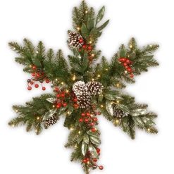 Online National Tree Company Pre-Lit Artificial Christmas Hanging Snowflake, Green, Frosted Berry Pine, Decorated With Pine Cones, Berry Clusters, Frosted Branches, Christmas Collection, 32 Inches
