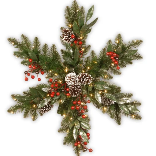 Online National Tree Company Pre-Lit Artificial Christmas Hanging Snowflake, Green, Frosted Berry Pine, Decorated With Pine Cones, Berry Clusters, Frosted Branches, Christmas Collection, 32 Inches