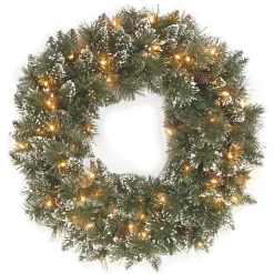 Online National Tree Company Pre-Lit Artificial Christmas Wreath, Green, Glittery Bristle Pine, White Lights, Decorated With Frosted Branches, Pine Cones, Christmas Collection, 30 Inches