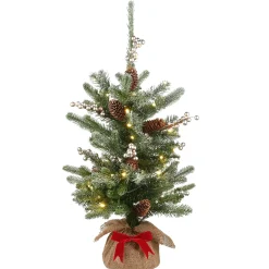 Best National Tree Company Pre-Lit Artificial Christmas Tree, Green, Snowy Morgan Spruce, White Led Lights, Decorated With Pine Cones, Includes Cloth Bag Base, Battery Operated, 2 Feet