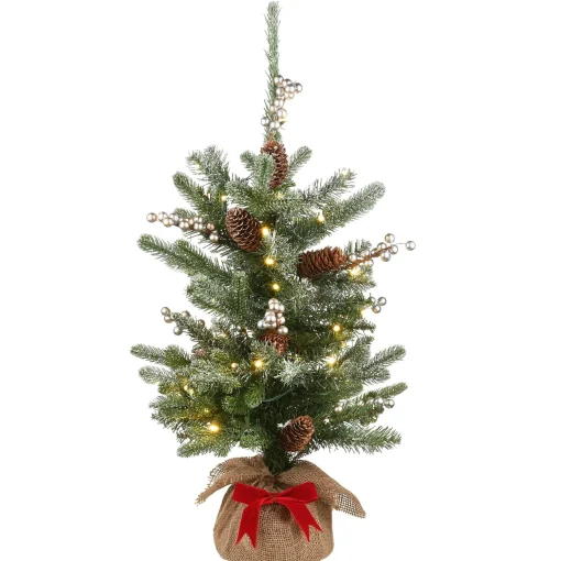 Best National Tree Company Pre-Lit Artificial Christmas Tree, Green, Snowy Morgan Spruce, White Led Lights, Decorated With Pine Cones, Includes Cloth Bag Base, Battery Operated, 2 Feet