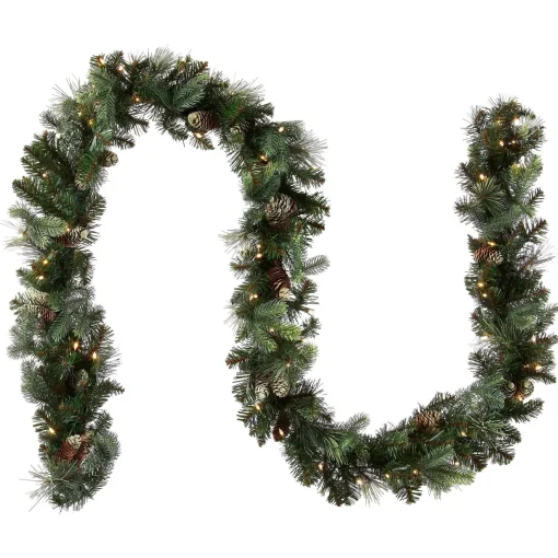 Best National Tree Company Pre-Lit Artificial Christmas Garland, Green, Carolina Pine, White Lights, Decorated With Pine Cones, Plug In, Christmas Collection, 9 Feet