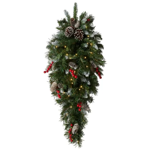 Flash Sale National Tree Company Pre-Lit Artificial Christmas Teardrop, Green, Frosted Berry, White Lights, Decorated With Pine Cones, Berry Clusters, Frosted Branches, Christmas Collection, 36 Inches